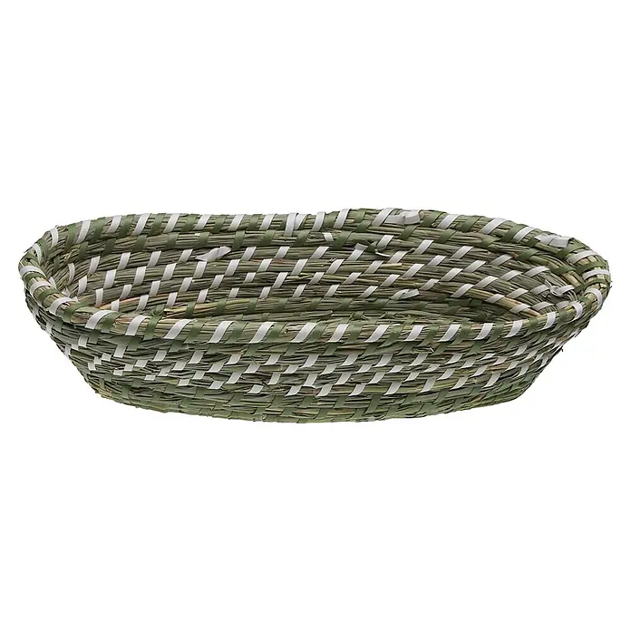 Versa Cesta - L x An x Al: 19 x 35 x 9 cm, Verde y blanco - Cesta ovalada tejida de fibras naturales verde claro con detalles blancos.