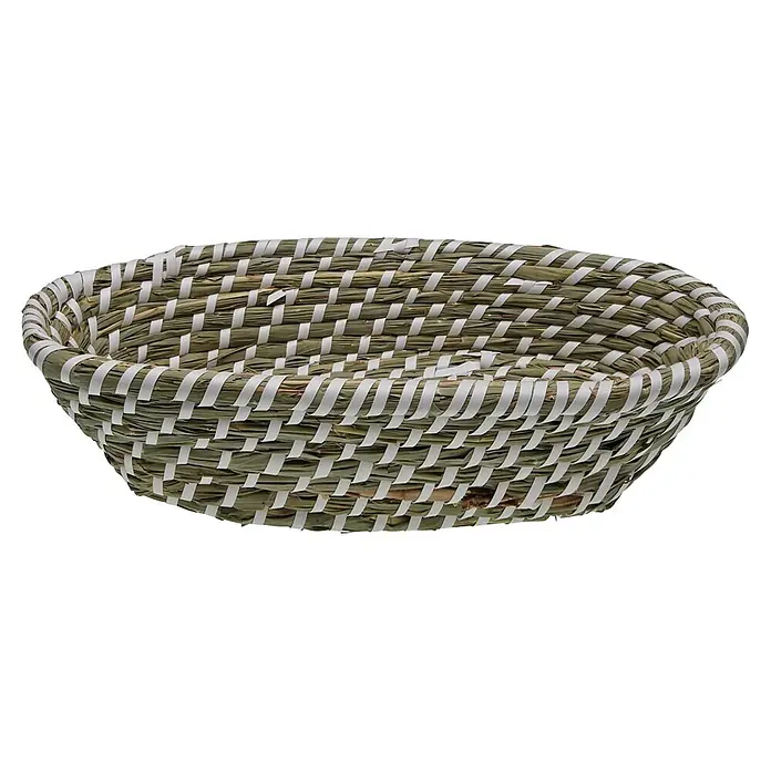 Versa Cesta - L x An x Al: 19 x 35 x 9 cm, Blanco - Cesta ovalada poco profunda tejida con hierba verde-marrón y tiras blancas.