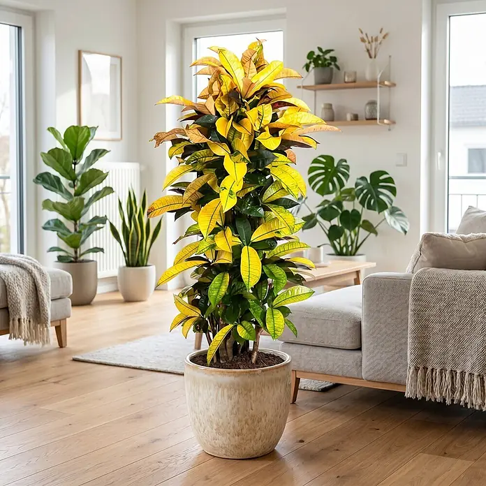 Piardino Kroton verzweigt - Codiaeum variegatum 'Mrs. Iceton', Topfgröße: 32 cm - Eine leuchtende Krotonpflanze mit bunten gelben, grünen und braunen Blättern in einem hellen Keramiktopf, platziert in einem hellen Wohnzimmer.
