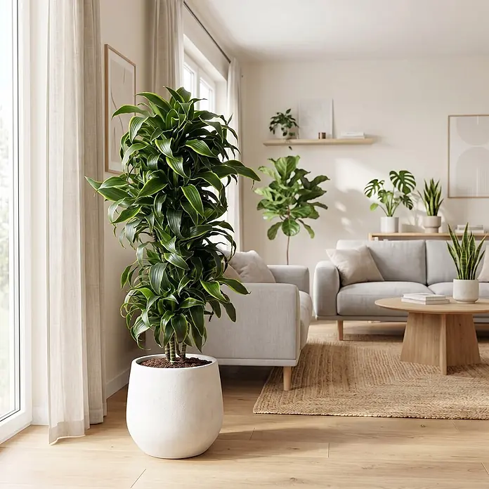 Piardino Drachenbaum - Dracaena 'Dorado', Topfgröße: 32 cm, Grün/gelb - Große Zimmerpflanze mit üppigem Grün in modernem weißem Pflanzgefäß, verschönert ein helles Wohnzimmer.
