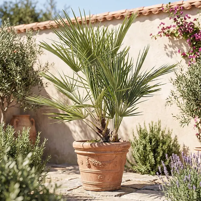 Zwergpalme - Chamaerops humilis, Topfgröße: 26 cm, Aktuelle Wuchshöhe: 150 cm - 160 cm - Eine grüne Palme in einem verzierten Terrakottatopf auf einer Steinterrasse in einem sonnigen Garten.