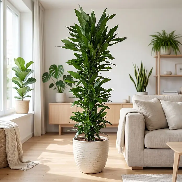 Drachenbaum verzweigt - Dracaena fragrans 'Janet Lind', Topfgröße: 32 cm, Dunkelgrün - Große, blättrige Grünpflanze in einem weißen strukturierten Topf, stehend auf hellem Holzboden in einem modernen Wohnzimmer.