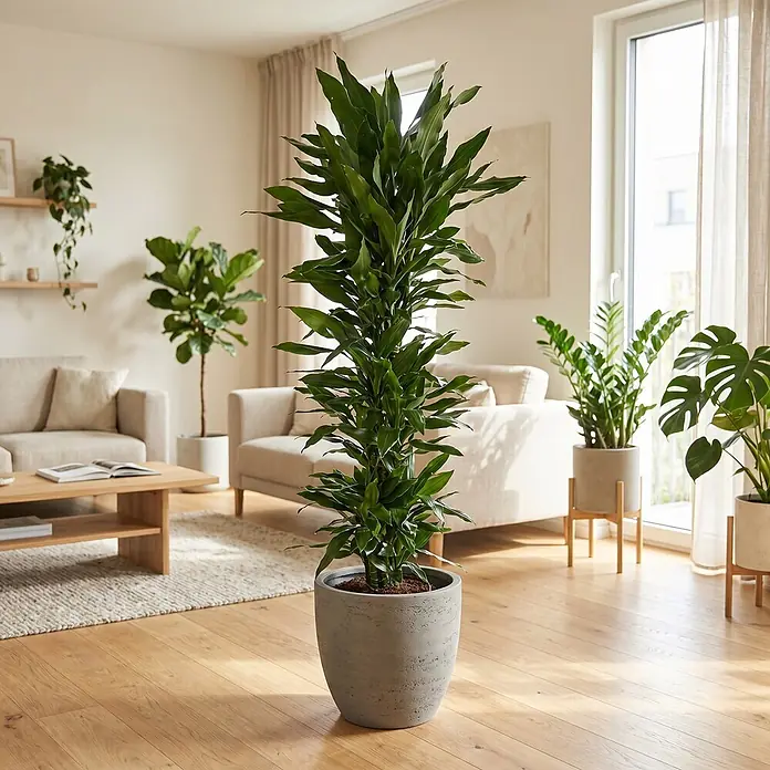Drachenbaum verzweigt - Dracaena fragrans 'Janet Lind', Topfgröße: 32 cm, Dunkelgrün - Hohe, belaubte Zimmerpflanze mit hellgrünem Laub in einem strukturierten, grauen, konischen Topf im Wohnzimmer.