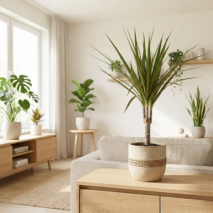 Piardino Drachenbaum - Dracaena marginata, Topfgröße: 12 cm, Grün/Rot - Eine Pflanze mit stacheligen grünen Blättern in einem hellen, strukturierten Topf mit geflochtenem Detail steht auf einem Holztisch in einem hellen Wohnzimmer.