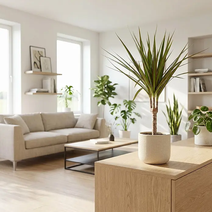 Piardino Drachenbaum - Dracaena marginata, Topfgröße: 12 cm, Grün/Rot - Eine Dracaena-Pflanze mit grün-roten Blättern in einem weißen strukturierten Topf auf einem hellen Holzschrank im Wohnzimmer.