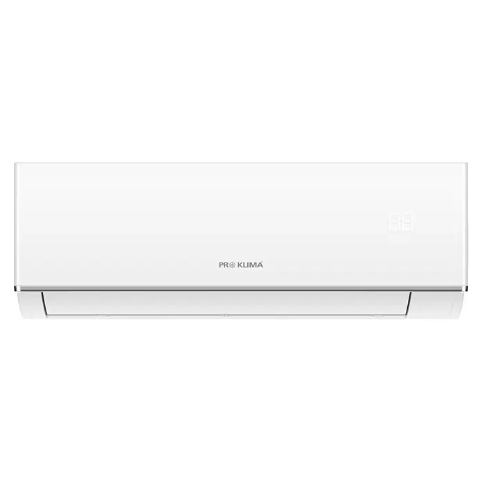 PR Klima Aire acondicionado Inverter PM12QC2 - Potencia frigorífica: 3.000 W, Potencia térmica: 3.200 W, Tamaño de la estancia: 30 m² - Unidad interior de aire acondicionado blanca de pared con pantalla digital y logo 'PR KLIMÁ'.