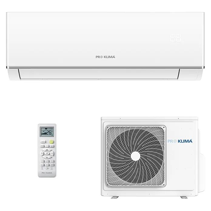 PR Klima Aire acondicionado Inverter PM12QC2 - Potencia frigorífica: 3.000 W, Potencia térmica: 3.200 W, Tamaño de la estancia: 30 m² - Sistema de aire acondicionado blanco, con unidades interior y exterior, y un mando a distancia.