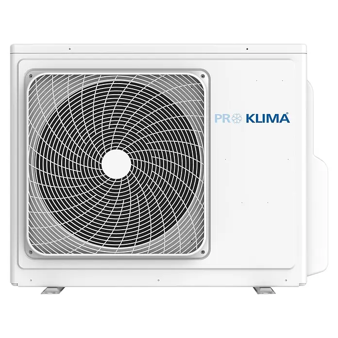 PR Klima Aire acondicionado Inverter PM12QC2 - Potencia frigorífica: 3.000 W, Potencia térmica: 3.200 W, Tamaño de la estancia: 30 m² - Unidad exterior de aire acondicionado PR KLIMA blanca con gran rejilla de ventilador negra, para calefacción y refrigeración.