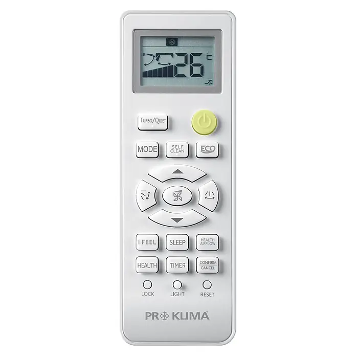 PR Klima Aire acondicionado Inverter PM12QC2 - Potencia frigorífica: 3.000 W, Potencia térmica: 3.200 W, Tamaño de la estancia: 30 m² - Mando a distancia blanco de plástico para aire acondicionado con pantalla digital y botones de función, incluido un botón de encendido verde.