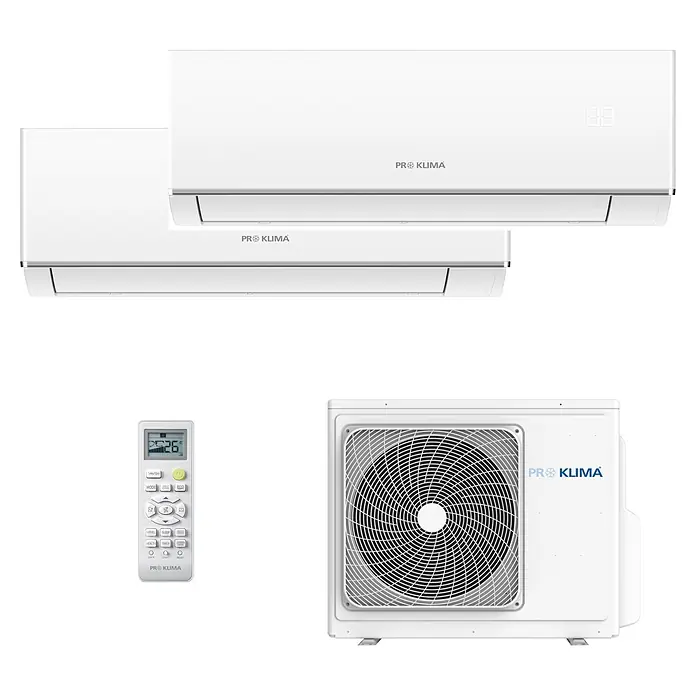 PR Klima Aire acondicionado Inverter 2x1 PM09QC1-IN-M+PM12QC1-IN-M - Potencia frigorífica: 2.600 W - 3.200 W, Rendimiento calorífico: 2.800 W - 3.600 W, Tamaño de la estancia: 20 m² - 30 m² - Sistema de aire acondicionado multi-split PRO KLIMA blanco con dos unidades interiores, una exterior y un mando que muestra 26°C.
