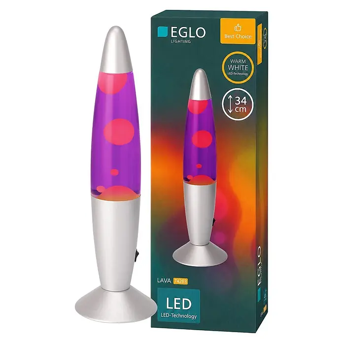 Eglo Tischleuchte - 2,2 W, Ø x H: 105 x 360 mm, Farbe Gehäuse: Violet/ Weiß - Silberne Lavalampe mit violetter Flüssigkeit und rotem Wachs, neben ihrer dunkelgrünen Produktverpackung.
