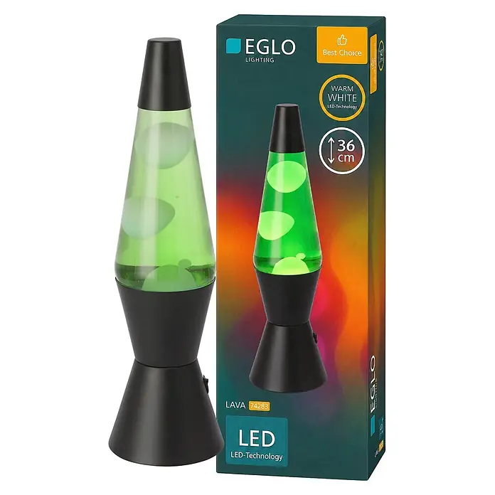 Eglo Lavalampe - 2,2 W, Ø x H: 105 x 360 mm, Grün/Weiß, Farbe Gehäuse: Schwarz - Grüne Lavalampe mit schwarzem Sockel und Kappe, neben der dunkelgrünen EGLO-Verpackung.