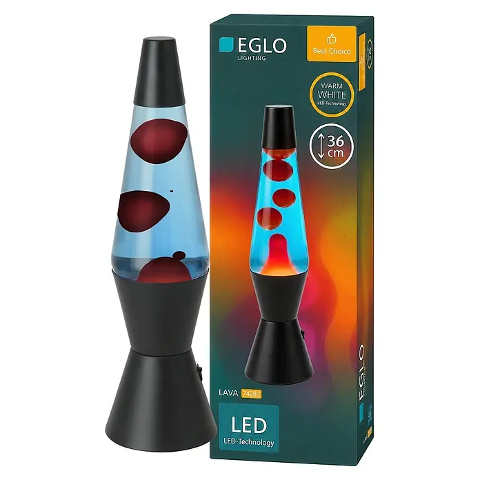 Eglo Lavalampe - 2,2 W, Ø x H: 105 x 360 mm, Blau/Rot, Farbe Gehäuse: Schwarz - Schwarze Lavalampe mit rotem Wachs in klarer Flüssigkeit, daneben die dunkelgrüne Produktverpackung mit Details.