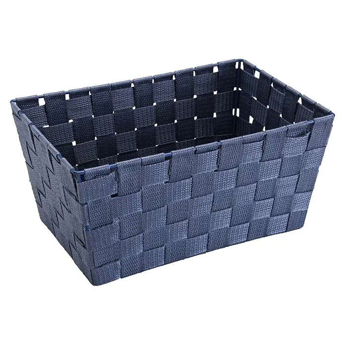 Versa Cesta para el baño - L x An x Al: 30 x 20 x 15 cm, Plástico, Azul - Cesta de almacenamiento rectangular tejida azul con marco metálico visible para organización.