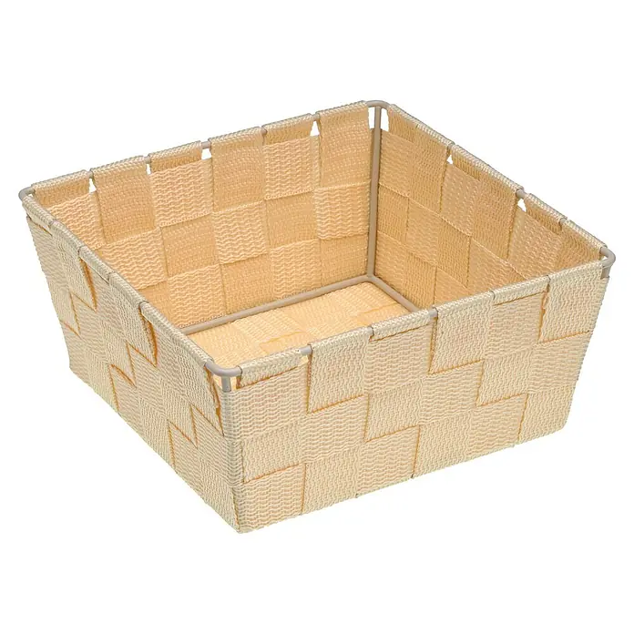 Versa Cesta mediana - L x An x Al: 19 x 19 x 9 cm, Beige - Cesta de almacenamiento vacía, rectangular, beige claro, de tejido trenado con marco metálico.