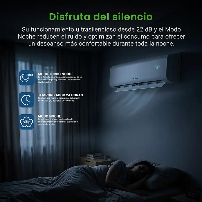 Rointe Aire acondicionado Inverter RX10 - 3.400 W, 3.420 W, 25 m², Blanco - Aire acondicionado split gris claro montado en pared de dormitorio, enfriando silenciosamente a una persona que duerme para un descanso nocturno confortable.