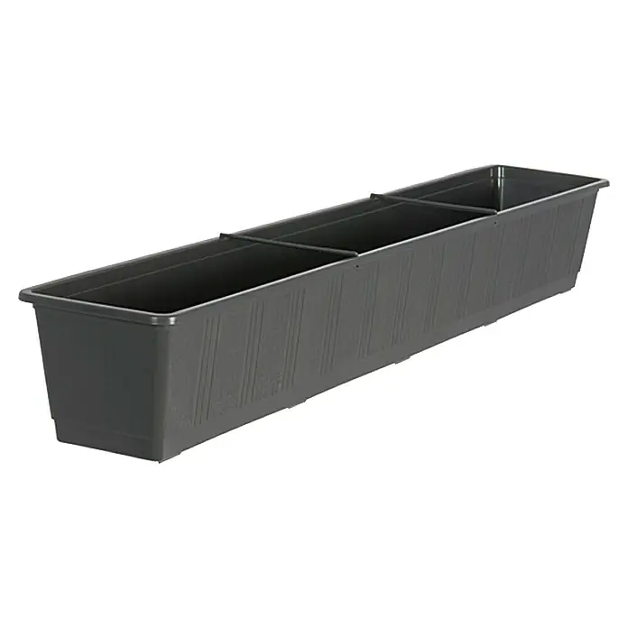 Geli Standard Balkonkasten - Max. Außenlänge: 98,5 cm, Anthrazit - Eine lange, graue Pflanzkiste mit drei Abteilen, ideal für Kräuter oder Blumen. Die Kiste ist aus robustem Kunststoff gefertigt.