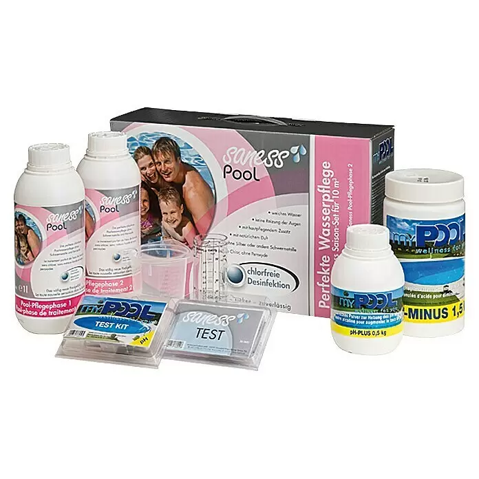 Saness Juego de temporada para piscina - 7 pzs. - Un completo set de cuidado del agua de piscina con varias botellas, una caja grande, kits de prueba y vasos medidores para el tratamiento.