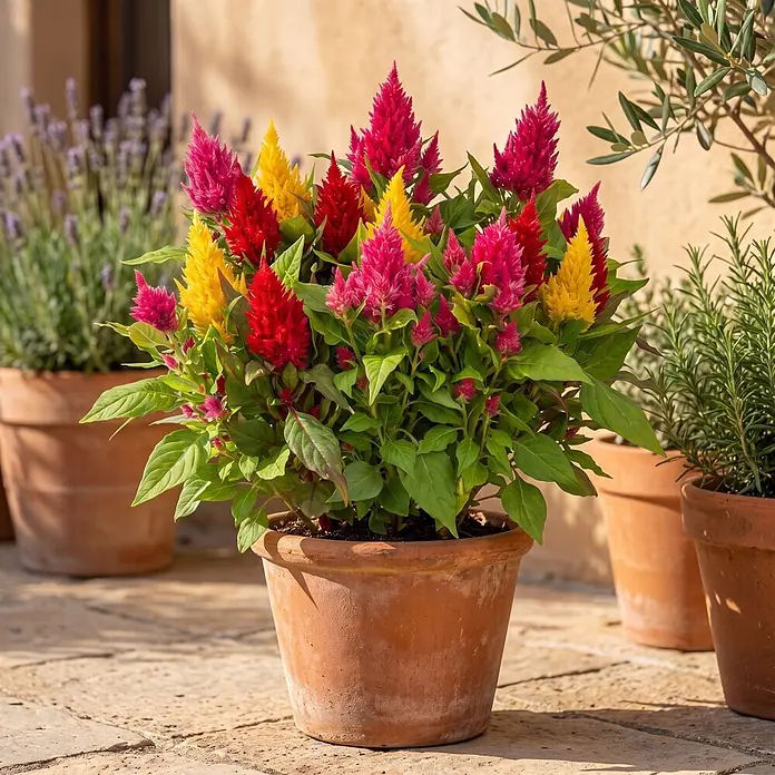 Piardino Silber-Brandschopf - Celosia argentea 'Trio', Topfvolumen: 13 l - Lebhafte rote, gelbe und pinke Celosia-Blüten in einem Terrakottatopf auf sonniger Terrasse.