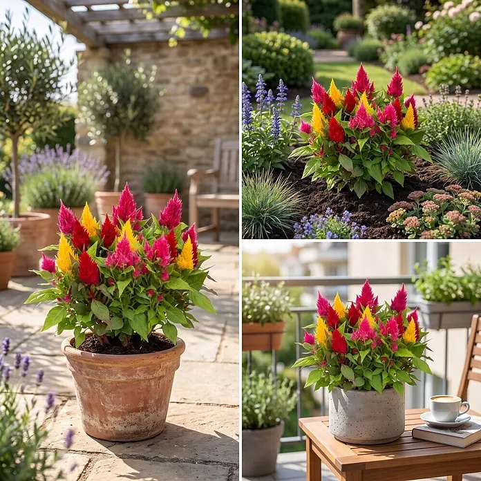 Piardino Silber-Brandschopf - Celosia argentea 'Trio', Topfvolumen: 13 l - Lebhafte rote, gelbe und pinkfarbene Celosia-Blüten im Topf, in Garten- und Balkonumgebung.