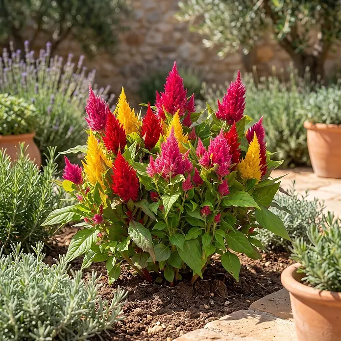 Piardino Silber-Brandschopf - Celosia argentea 'Trio', Topfvolumen: 13 l - Lebhafte rote, rosa und gelbe Celosia-Blüten in einem Gartenbeet.