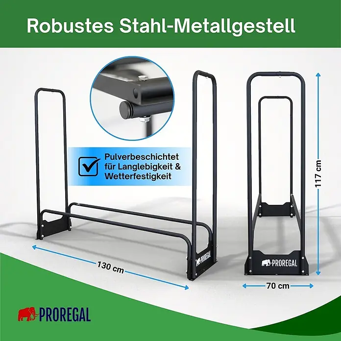 Proregal Kaminholzregal - 36 x 36 x 117 cm, Stahl, Schwarz - Robustes, schwarz pulverbeschichtetes Stahl-Kaminholzregal (130x70x117 cm) für Langlebigkeit und Wetterfestigkeit.
