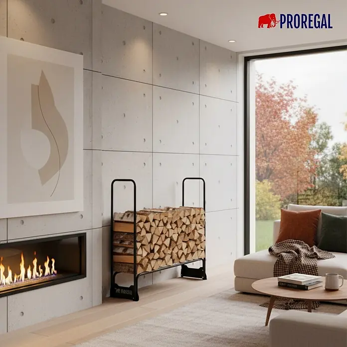Proregal Kaminholzregal - 36 x 36 x 117 cm, Stahl, Schwarz - Schwarzes Metall-Brennholzregal, gefüllt mit gestapelten Holzscheiten, neben einem modernen Kamin in einem Wohnzimmer.