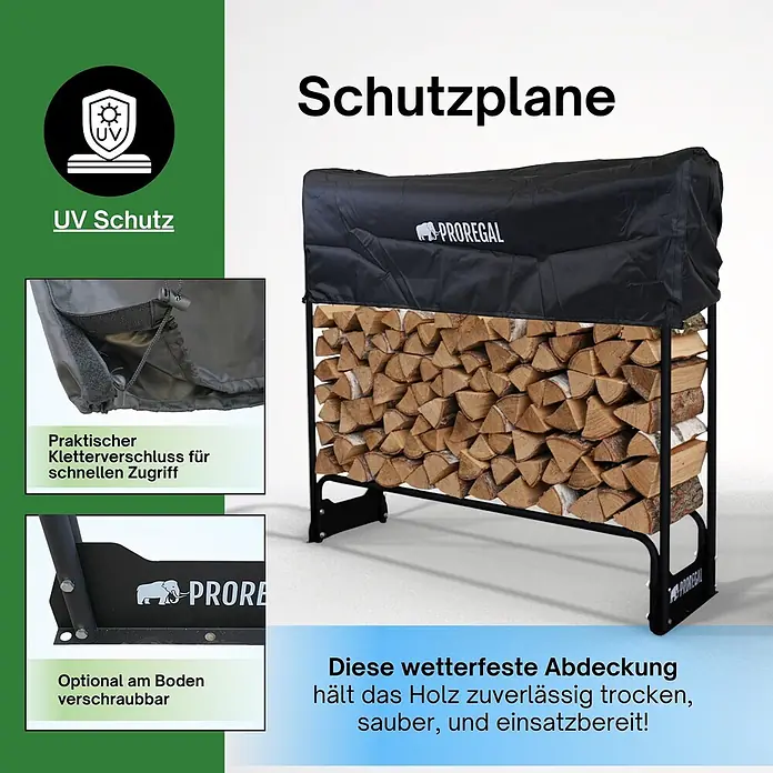 Proregal Kaminholzregal - 36 x 36 x 117 cm, Stahl, Schwarz - Schwarzes Metall-Kaminholzregal mit Holzscheiten und einer schwarzen, wetterfesten UV-Schutzplane zum Trockenhalten.