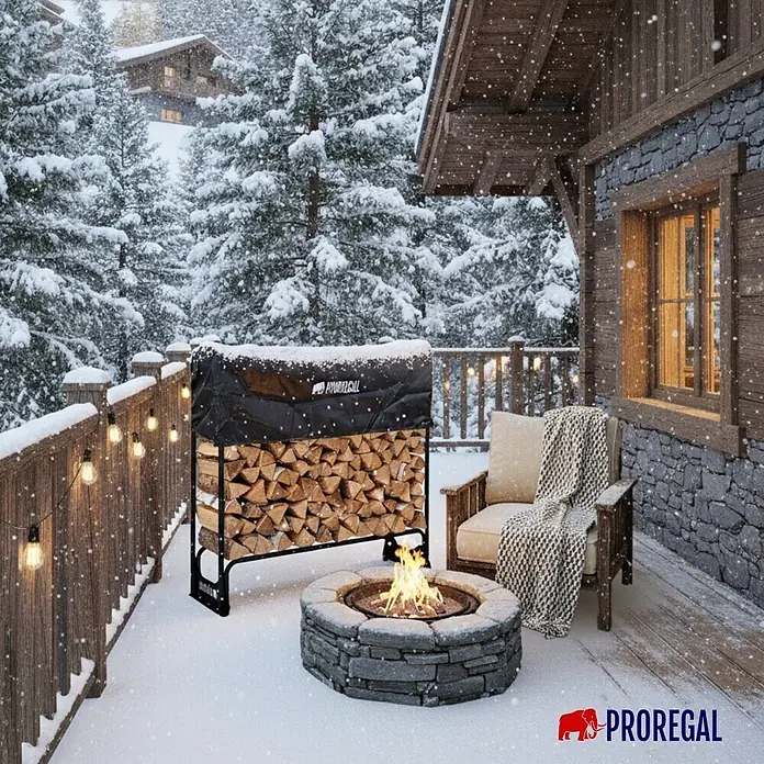 Proregal Kaminholzregal - 36 x 36 x 117 cm, Stahl, Schwarz - Schwarzes Metall-Brennholzregal, gefüllt mit Holzscheiten, geschützt durch eine schwarze Abdeckung auf einer verschneiten Terrasse, neben einer Feuerstelle.