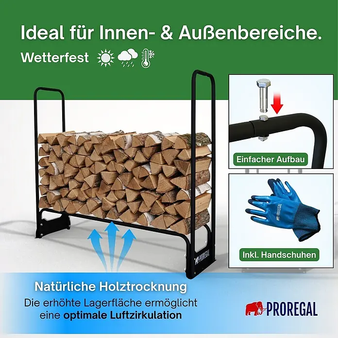 Proregal Kaminholzregal - 36 x 36 x 117 cm, Stahl, Schwarz - Schwarzes Metall-Brennholzregal, mit Holz gefüllt, erhöht für optimale Trocknung. Wetterfest, einfacher Aufbau, inkl. Handschuhen.
