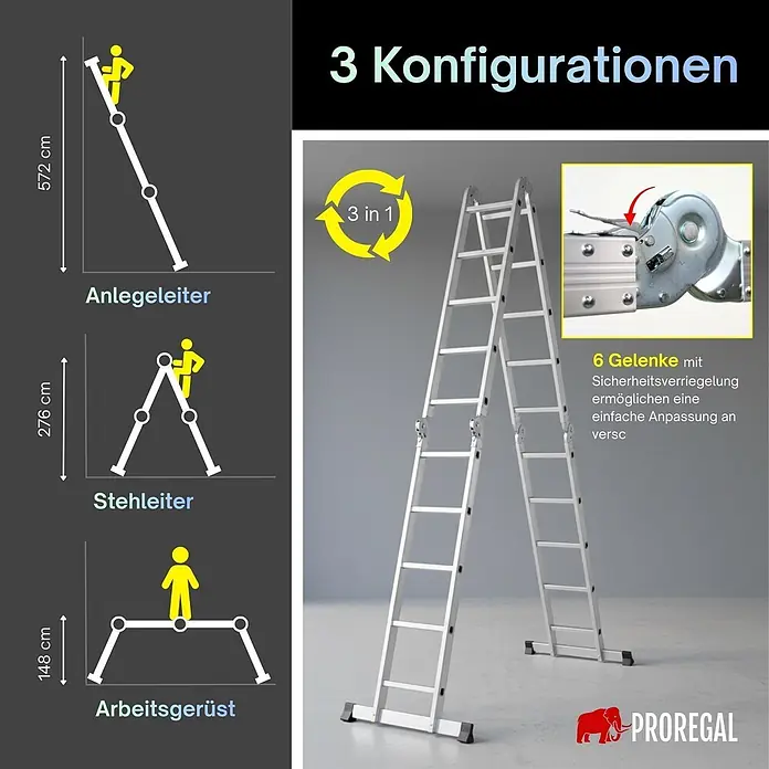 Sprossen-Mehrzweckleiter MULTISTEP Gerüstplattform 4x5 Sprossen 5,7m Höhe -  - Silberne Aluminium-Mehrzweckleiter mit 3 Konfigurationen (Anlegeleiter, Stehleiter, Arbeitsgerüst) und 6 Sicherheitsgelenken. Höhen von 148 cm bis 572 cm.