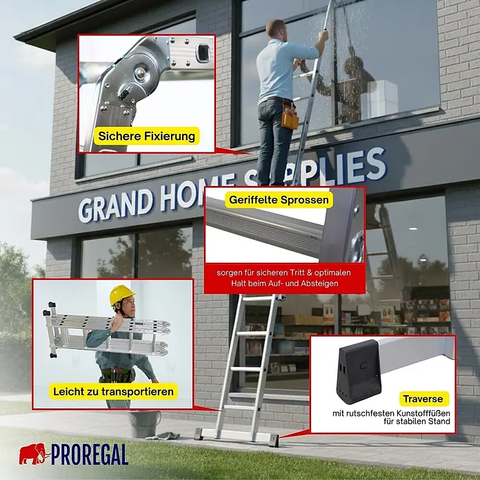 Sprossen-Mehrzweckleiter MULTISTEP mit Gerüstplattform 4-teilig Aluminiumleiter 4x5 Sprossen bis zu 5,7 m Höhe Traglast 150kg Arbeitsgerüst, Stehleiter & Anlegeleiter -  - Vielseitige Aluminium-Mehrzweckleiter mit geriffelten Sprossen, sicherer Fixierung, stabiler Traverse und einfachem Transport, in Gebrauch gezeigt.