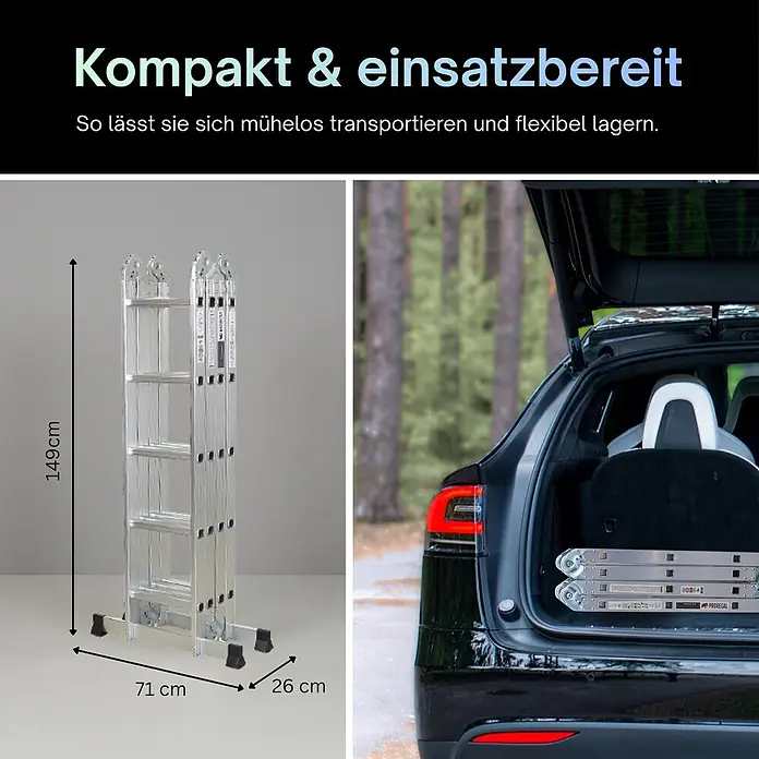 Sprossen-Mehrzweckleiter MULTISTEP Gerüstplattform 4x5 Sprossen 5,7m Höhe -  - Eine kompakte, zusammengeklappte Silberleiter (149x71x26cm) im Kofferraum eines Autos, die einfachen Transport und Lagerung betont.