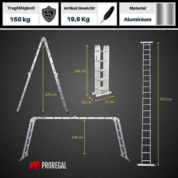 Sprossen-Mehrzweckleiter MULTISTEP mit Gerüstplattform 4-teilig Aluminiumleiter 4x5 Sprossen bis zu 5,7 m Höhe Traglast 150kg Arbeitsgerüst, Stehleiter & Anlegeleiter -  - Silberne Aluminium-Mehrzweckleiter in A-Form, Plattform und ausgefahrenen Konfigurationen mit Maßen und Spezifikationen.