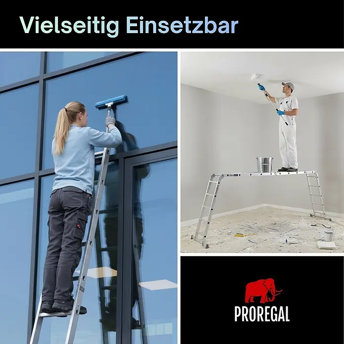 Sprossen-Mehrzweckleiter MULTISTEP mit Gerüstplattform 4-teilig Aluminiumleiter 4x5 Sprossen bis zu 5,7 m Höhe Traglast 150kg Arbeitsgerüst, Stehleiter & Anlegeleiter -  - Eine silberne Mehrzweckleiter, genutzt von einer Frau beim Fensterputzen und einem Mann beim Deckenstreichen, demonstriert ihre vielseitige Anwendbarkeit.