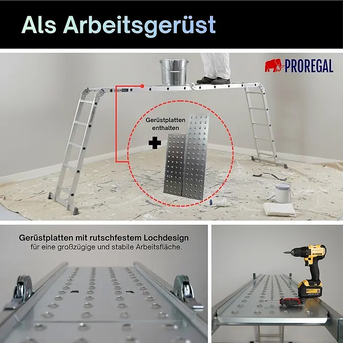 Sprossen-Mehrzweckleiter MULTISTEP mit Gerüstplattform 4-teilig Aluminiumleiter 4x5 Sprossen bis zu 5,7 m Höhe Traglast 150kg Arbeitsgerüst, Stehleiter & Anlegeleiter -  - Aluminium-Arbeitsgerüst mit rutschfesten Gerüstplatten für eine stabile Arbeitsfläche.