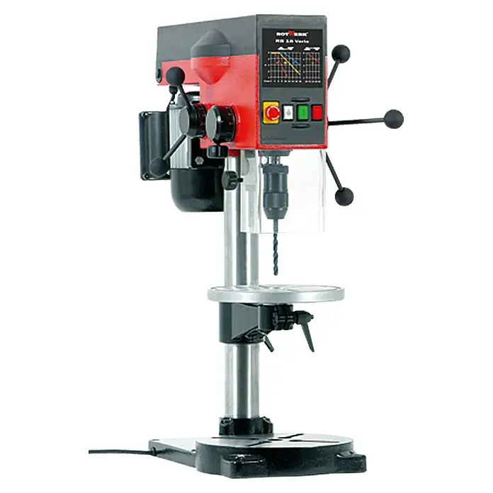 Rotwerk Tischbohrmaschine RB 18 Vario - 600 W - Standbohrmaschine mit rotem und grauem Gehäuse, ideal für präzise Bohrarbeiten in Werkstätten.