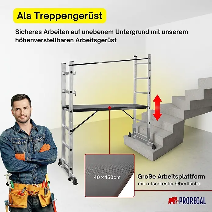 Proregal Leitergerüst Arbeitsgerüst MULTISTEP - Belastbarkeit Plattform: 150 kg - Höhenverstellbares Aluminium-Treppengerüst mit großer, rutschfester 40x150cm Arbeitsplattform, auf einer Treppe verwendet.