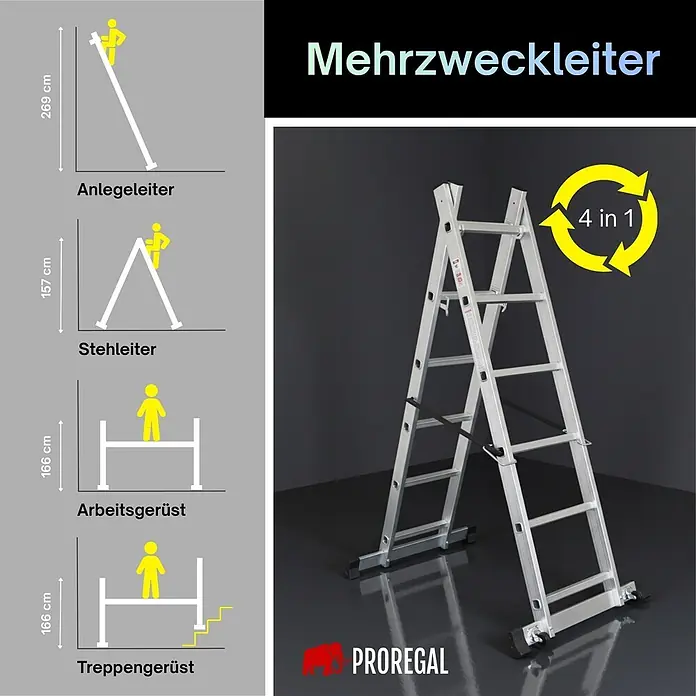 Proregal Leitergerüst Arbeitsgerüst MULTISTEP - Belastbarkeit Plattform: 150 kg - Silberne Mehrzweckleiter, die als Anlegeleiter, Stehleiter, Arbeits- und Treppengerüst genutzt werden kann, 4 in 1.