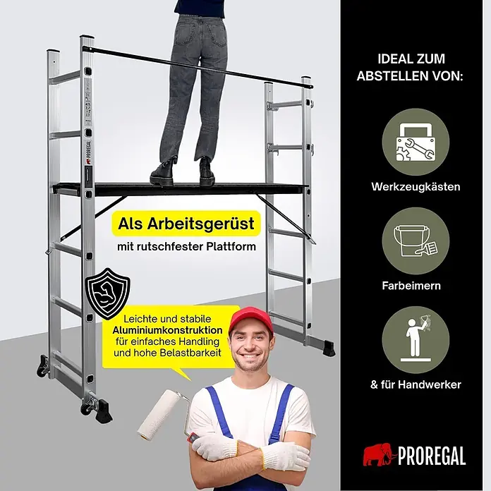 Proregal Leitergerüst Arbeitsgerüst MULTISTEP - Belastbarkeit Plattform: 150 kg - Silbernes Aluminium-Arbeitsgerüst mit rutschfester Plattform. Leicht, stabil, für Handwerker, Werkzeugkästen und Farbeimer.