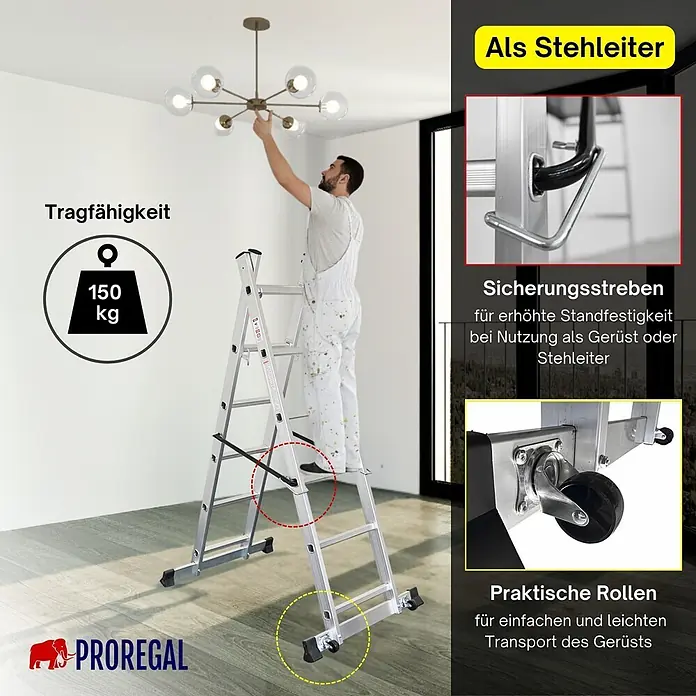 Proregal Leitergerüst Arbeitsgerüst MULTISTEP - Belastbarkeit Plattform: 150 kg - Mann benutzt eine silberne Alu-Klappleiter als Stehleiter, um eine Deckenlampe einzustellen. Die Leiter hat Sicherungsstreben und Rollen.