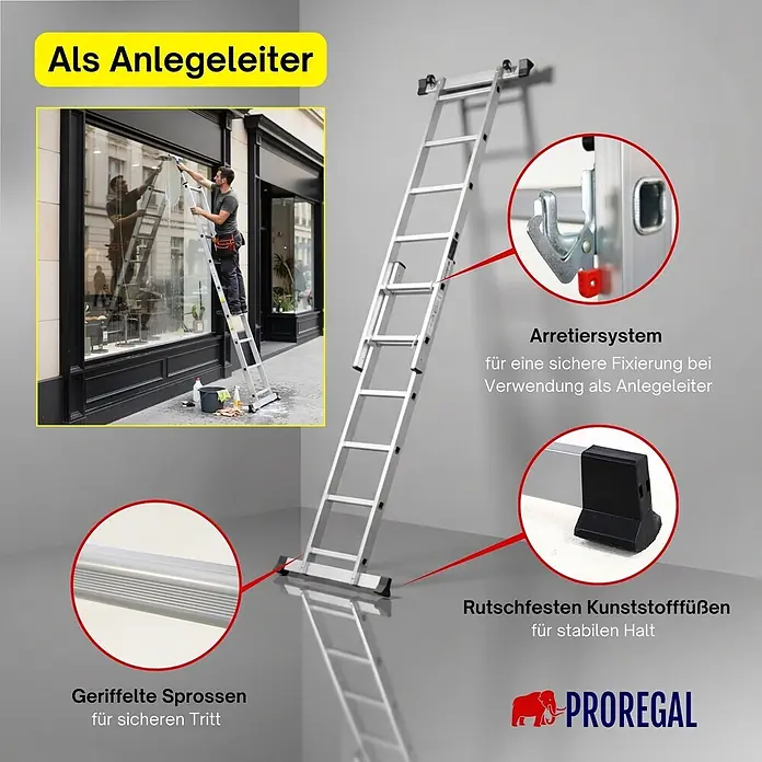 Proregal Leitergerüst Arbeitsgerüst MULTISTEP - Belastbarkeit Plattform: 150 kg - Mehrzweckleiter mit geriffelten Sprossen, rutschfesten Füßen und Arretiersystem, als Anlegeleiter im Einsatz gezeigt.
