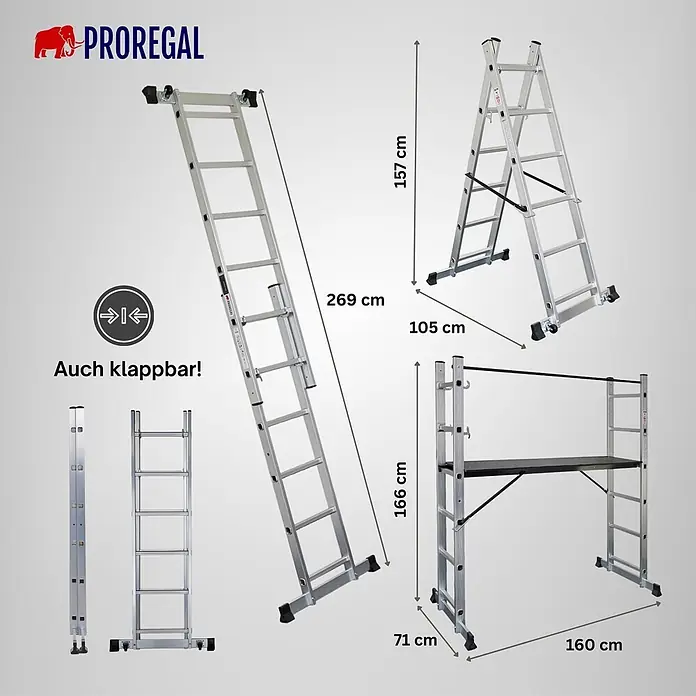 Proregal Leitergerüst Arbeitsgerüst MULTISTEP - Belastbarkeit Plattform: 150 kg - Silberne Aluminium-Mehrzweckleiter dargestellt als Anlegeleiter, Stehleiter und Gerüst, mit verschiedenen Maßen.