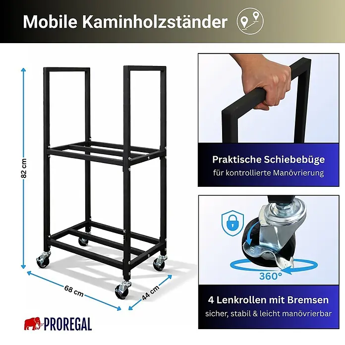 Proregal Kaminholzregal - Stahl, Schwarz - Schwarzer mobiler Kaminholzständer aus Metall mit Rollen und Griffen zur einfachen Bewegung.