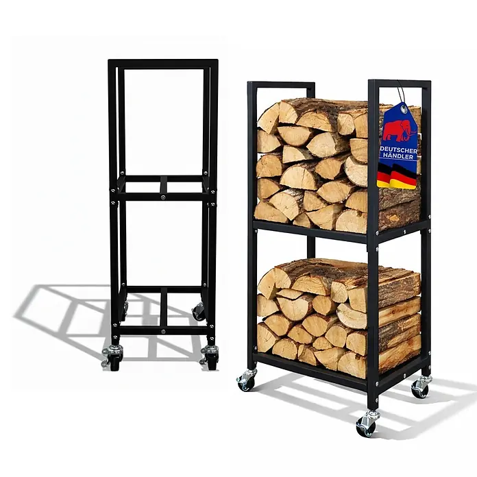 Proregal Kaminholzregal - Stahl, Schwarz - Schwarzes Metall-Kaminholzregal auf Rollen, leer und mit Holz gefüllt gezeigt.