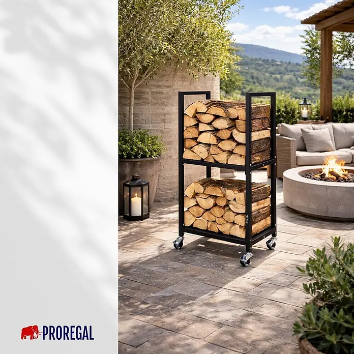 Proregal Kaminholzregal - Stahl, Schwarz - Zweistöckiges schwarzes Metall-Holzregal auf Rollen, gefüllt mit Brennholz, auf einer Terrasse neben einer Feuerstelle.
