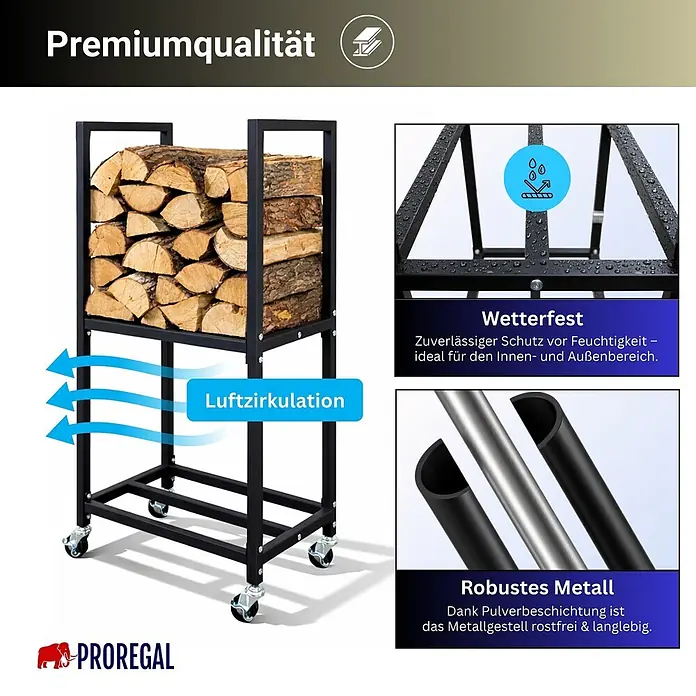 Proregal Kaminholzregal - Stahl, Schwarz - Schwarzes Metall-Kaminholzregal auf Rollen, mit Holzscheiten gefüllt. Wetterfest, mit Luftzirkulation und aus robustem, rostfreiem Metall gefertigt.