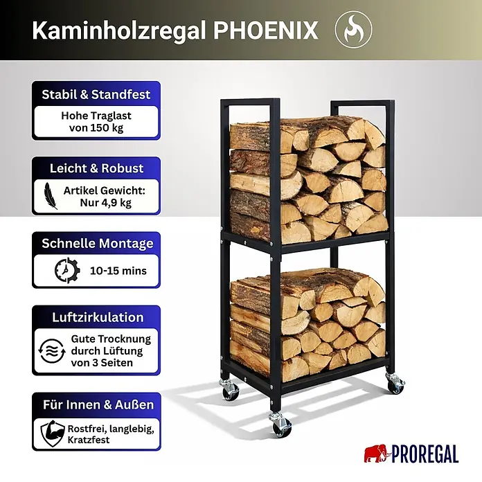 Proregal Kaminholzregal - Stahl, Schwarz - Schwarzes Metall-Kaminholzregal auf Rollen mit zwei Fächern, gefüllt mit gestapeltem Holz.