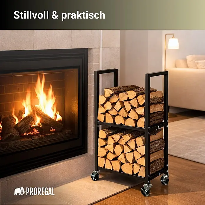Proregal Kaminholzregal - Stahl, Schwarz - Schwarzmetallener Brennholzständer auf Rollen, mit Holz gefüllt, neben einem gemütlichen Kamin.