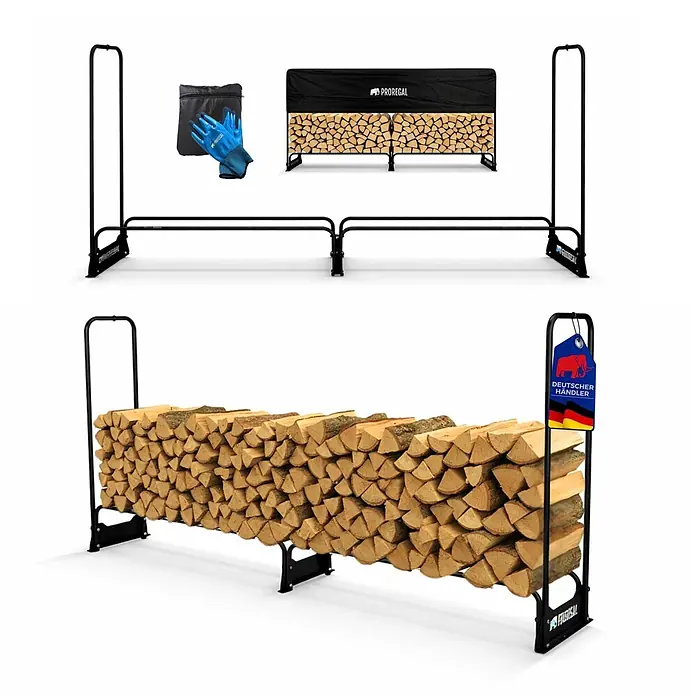 Proregal Kaminholzregal - 36 x 36 x 117 cm, Stahl, Schwarz - Schwarzes Metall-Brennholzregal zur Lagerung von Holzscheiten, gezeigt mit Schutzhülle und Arbeitshandschuhen.